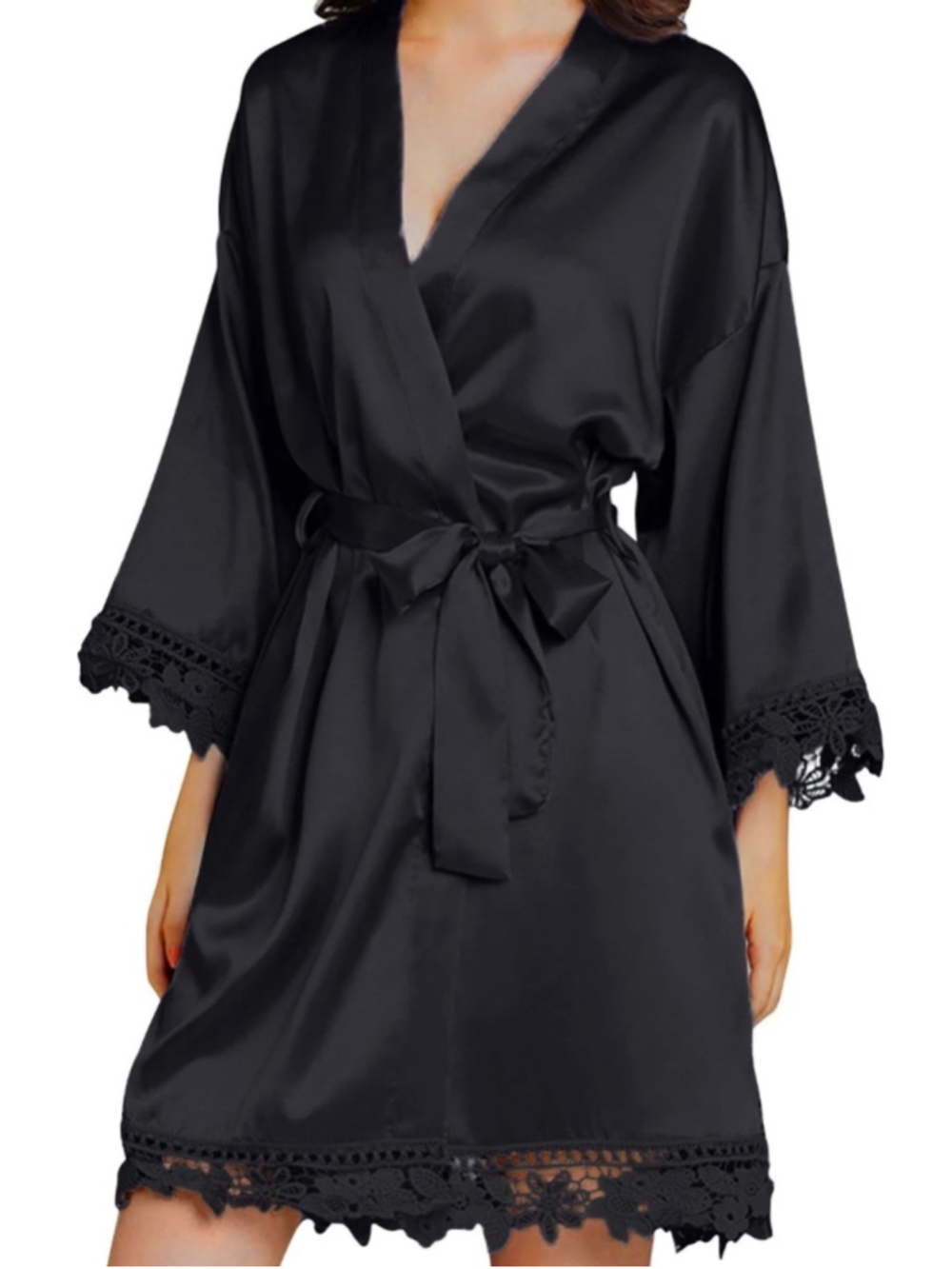 Women's Unbranded Black Lace Trim Satin Robe One Size